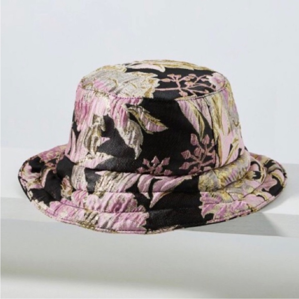 ANTHROPOLIGIE Size OSFA Brocade Bucket Hat Quilted Black Packable Soft $60 NWT